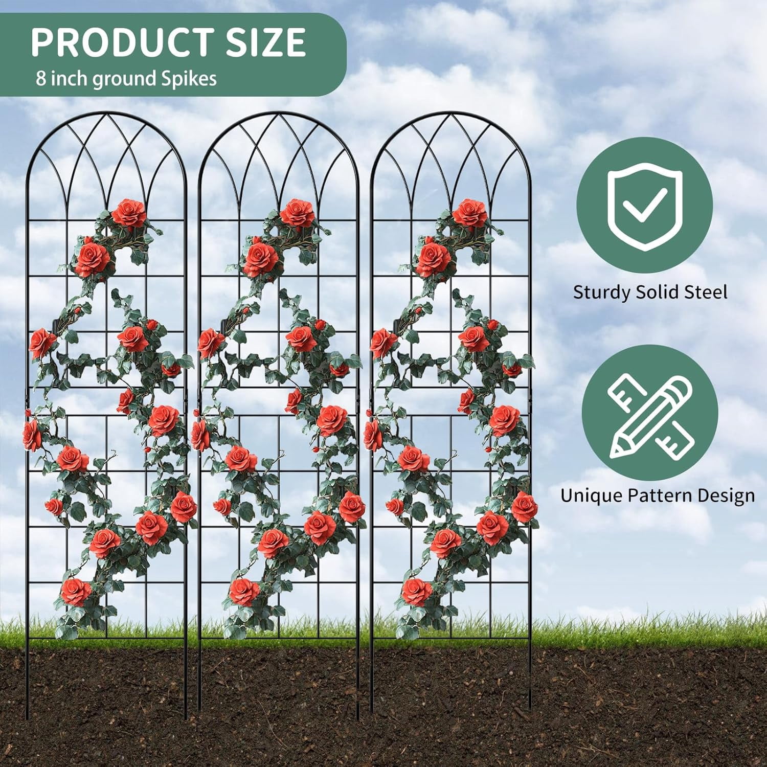 FICISOG 4 Pack 59x16in Metal Garden Trellis for Climbing Plants,Black Large Trellis for Climbing Plants Outdoor, Roses, Vegetables Vines Flowers Support, Large Decorative Outdoor Trellis
