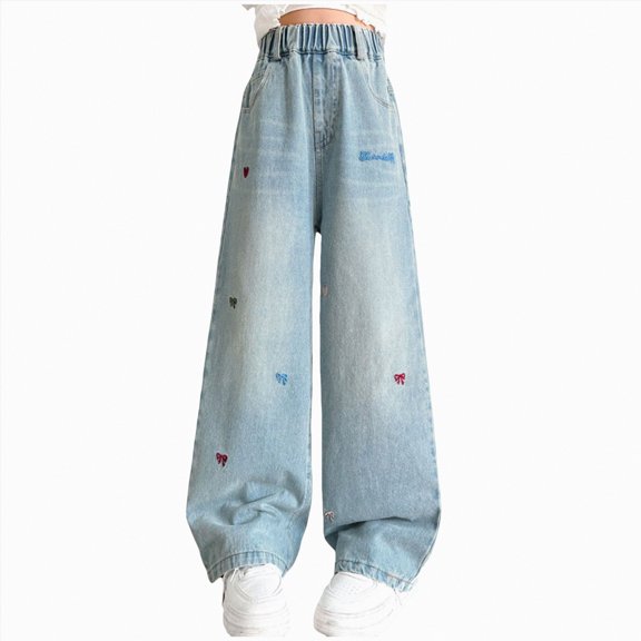 kpoplk Kids Girls Wide Leg Cargo Jeans High Elastic Waist Denim Pants Straight Printing Pocket Comfortable(Blue,8-9 Y)