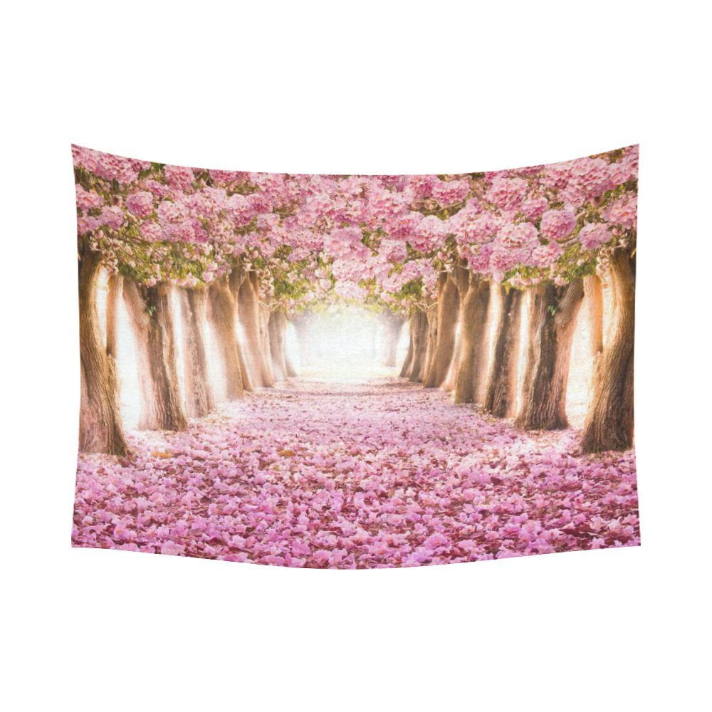 GCKG Pink Sakura Flower Road Japanese Cherry Blossom Tapestry Wall