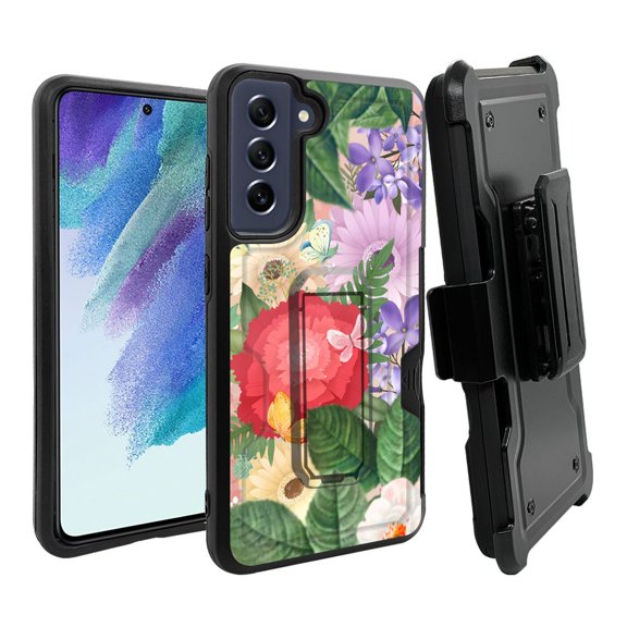 ANJ  Rugged Dual Layer Hybrid Holster Kickstand Case w/ Card Slot   Tempered Glass Cover for Samsung Galaxy S21 FE 5G - Blooming Flowers 2