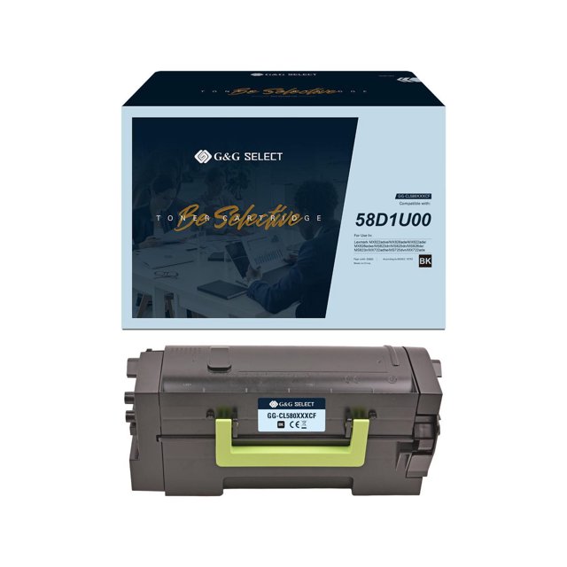 G&G Select Lexmark 58D1U00 Remanufactured Black Toner Cartridge with packaging, featuring a black toner cartridge with lime green handle and label GG-CL580XXXCF, designed for ultra high yield monochrome printing compatible with Lexmark printers, suitable for cost-effective office printing.