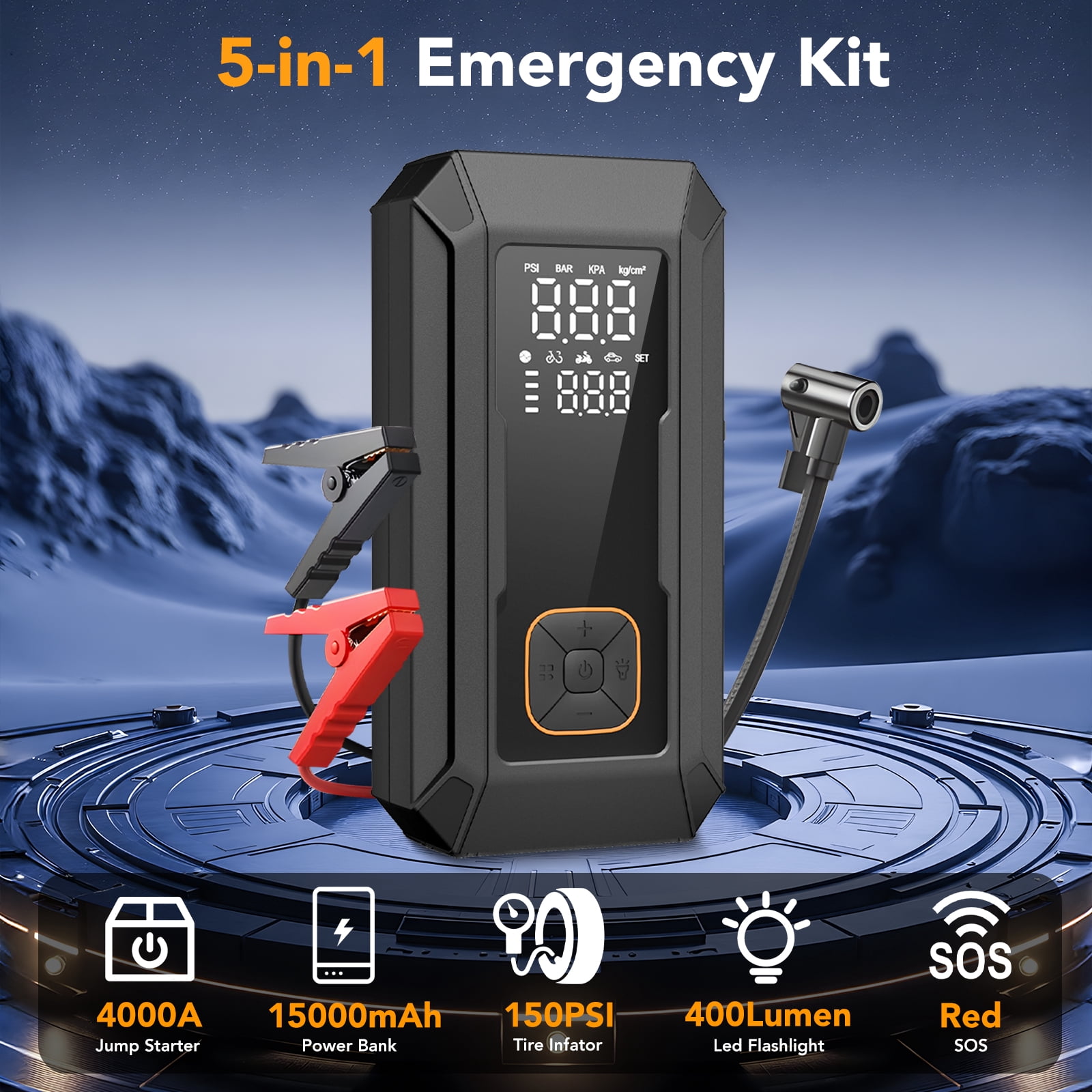 KT1  Car Jump Starter with Air Compressor, 150 PSI, 15000MAH Power Bank, 4000A Jump Starter, Fast Inflation for Car Tires, Bikes, SUV, Trucks & More - Portable Air Compressor with LED Light