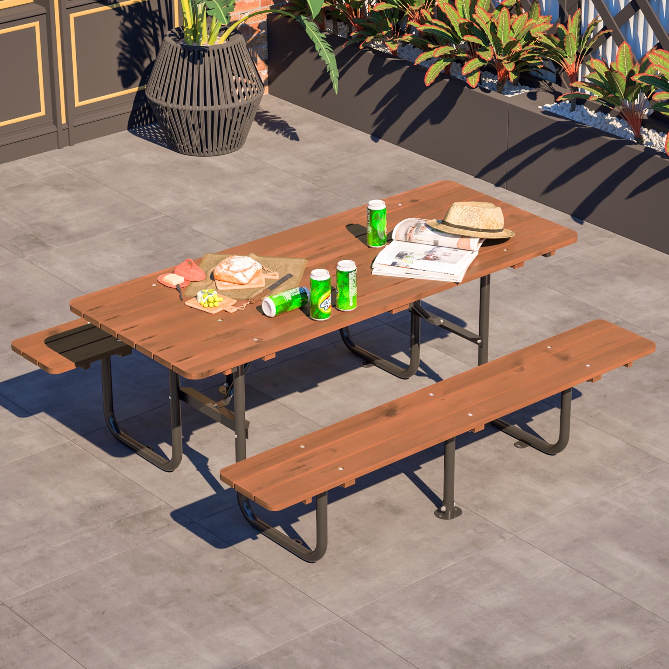 Noble House Alvion Rectangular Outdoor Picnic Set, Fir Wood Table with Built-in Benches and Umbrella Hole, Brown