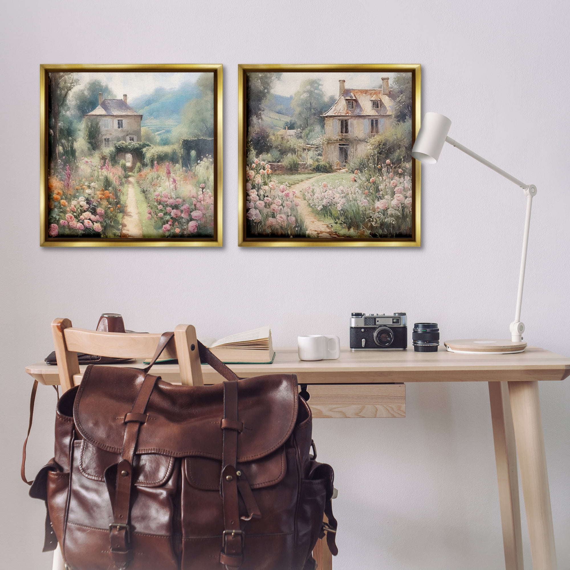 Stupell Industries Quaint French Country Garden Landscape & Nature Painting Gold Floater Framed Canvas Art Print Wall Art, 25 x 25, Set of 2