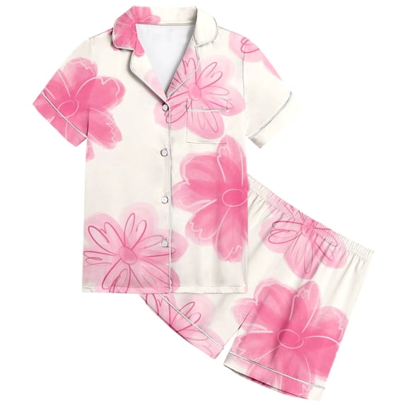 BOOMNY Girls 2 Peice Pajamas Sets Floral Graphic Short Sleeve Buttons Sleepwear Tops Shorts Pjs Set for Kids Cozy Loungewear Homewear