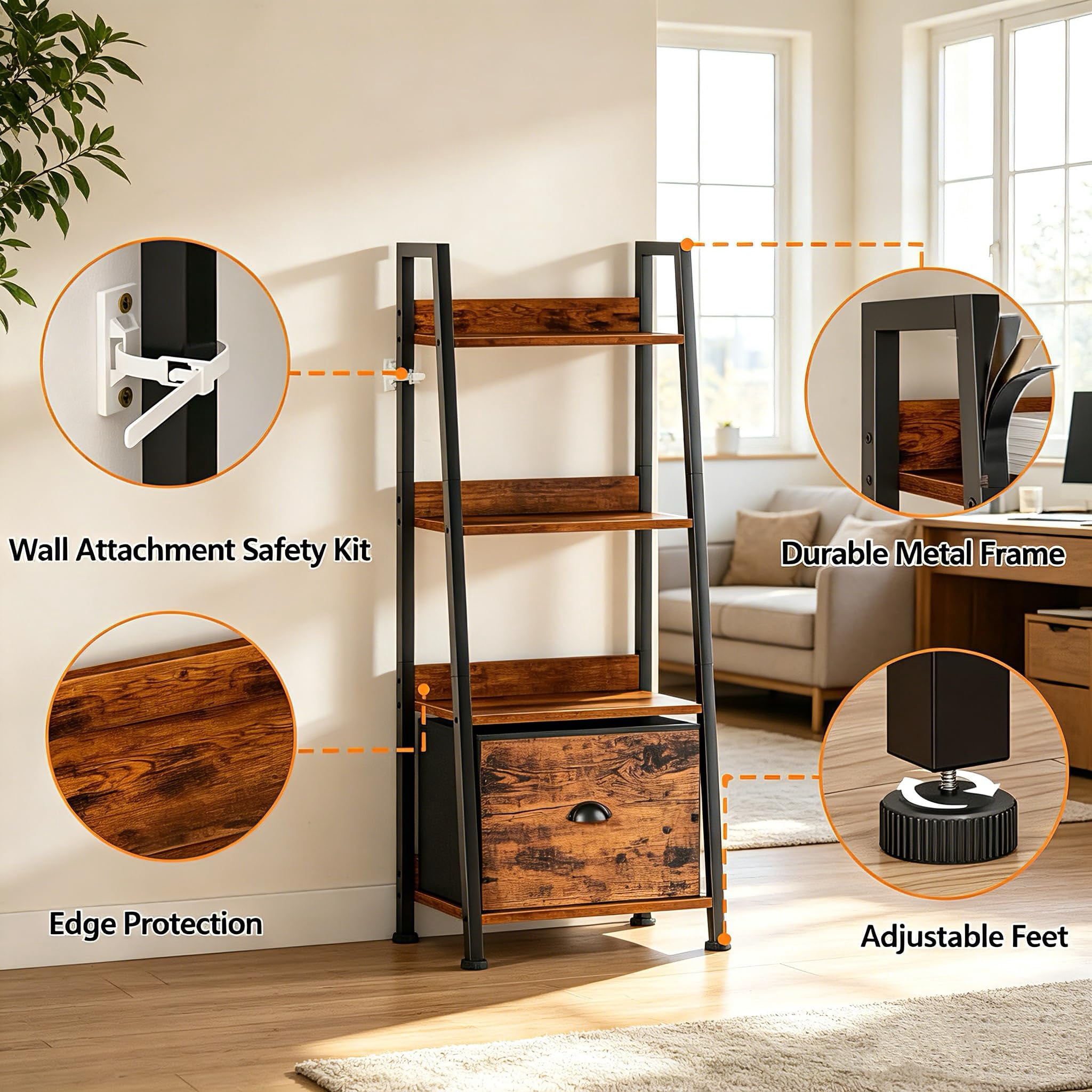 3 Tier Ladder Shelf with Removable Drawer, Bookshelf Bookcase Storage Rack Organizer, Freestanding Storage Shelf for Living Room, Home Office, Bedroom, Brown