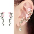 thumbnail image 5 of Anvazise 1 Pair Shining Rhinestones Piercing Ear Studs Rose Flower Branch Cuff Earrings Fashion Jewelry Golden, 5 of 13