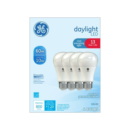 GE LED 10W Daylight General Purpose, A19 Medium Base, Dimmable, 4pk Light