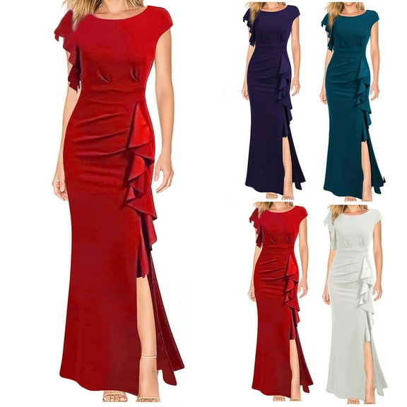 Axiiglly Women Prom Dress Crew Neck Bodycon Maxi Dress Side Split Mermaid formal Dresses Short Sleeve Irregular Ruched Cocktail Evening Dresses