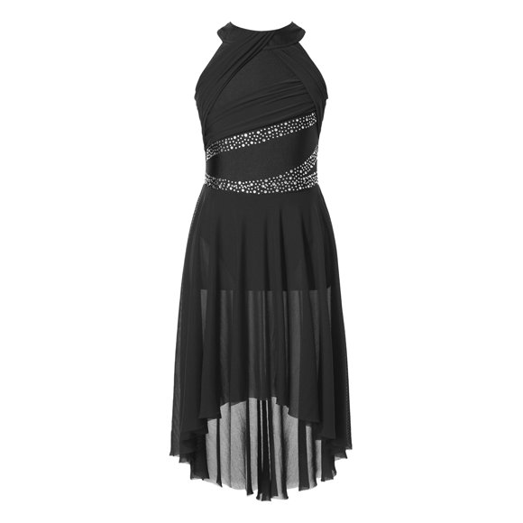 Kvysinly Girls Lyrical Latin Tango Dance Dress Costume Sleeveless Ruched Leotard Rhinestones Gown Stage Performance Black 10