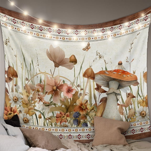 Vintage Mushroom Large Tapestry for Bedroom Wall Hanging Tapestry,Spring Floral Retro Art Pastoral Botanical Ceiling Backdrop Tapestries Poster Blanket Wall Decor for Living Room 100" x 59"