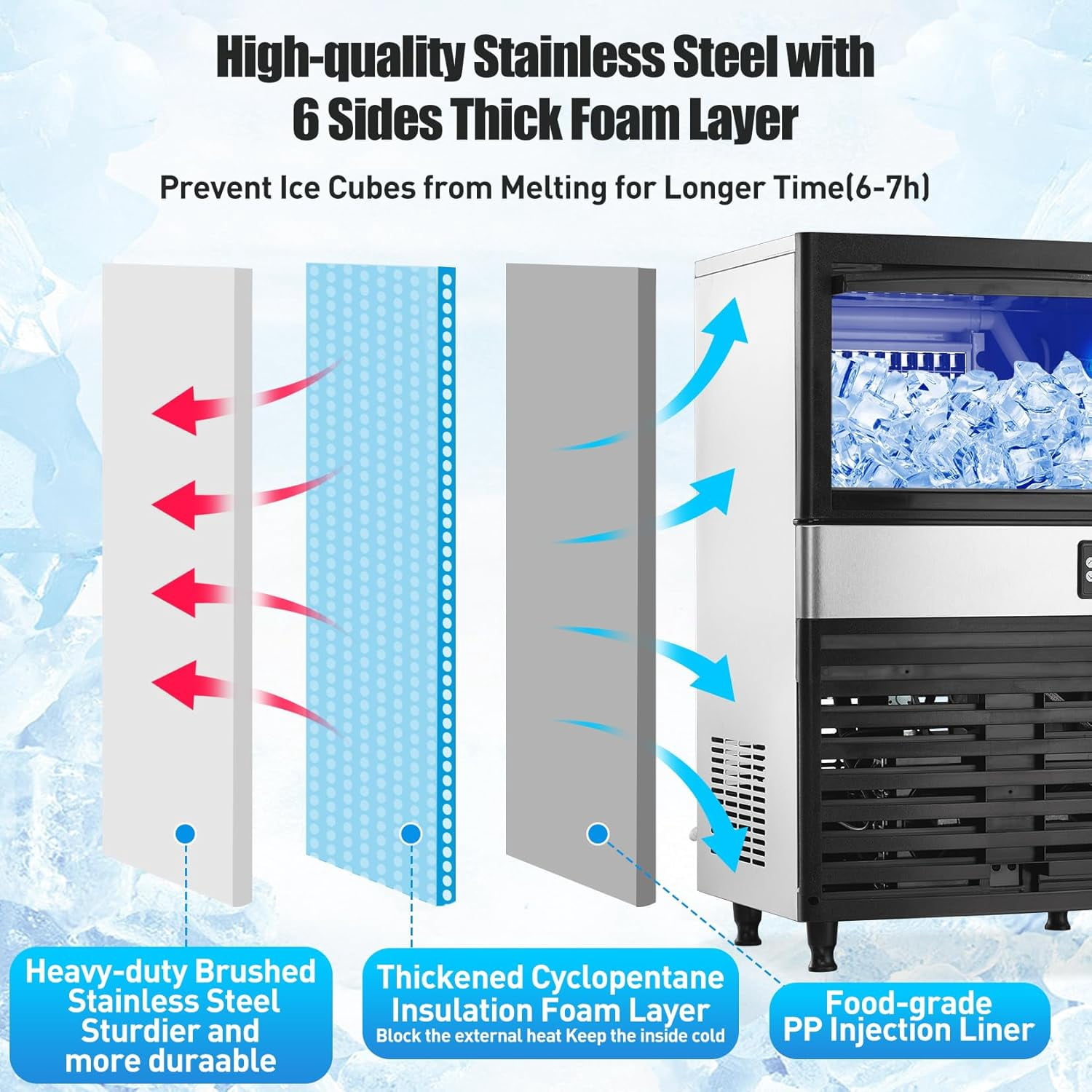 Commercial Ice Maker Machine, 150 lbs/24 Hours, 27 lbs Storage Bin, Stainless Steel, Blue Light, Freestanding, Great for Home or Business, Includes Ice Scoop, Connecting Hose