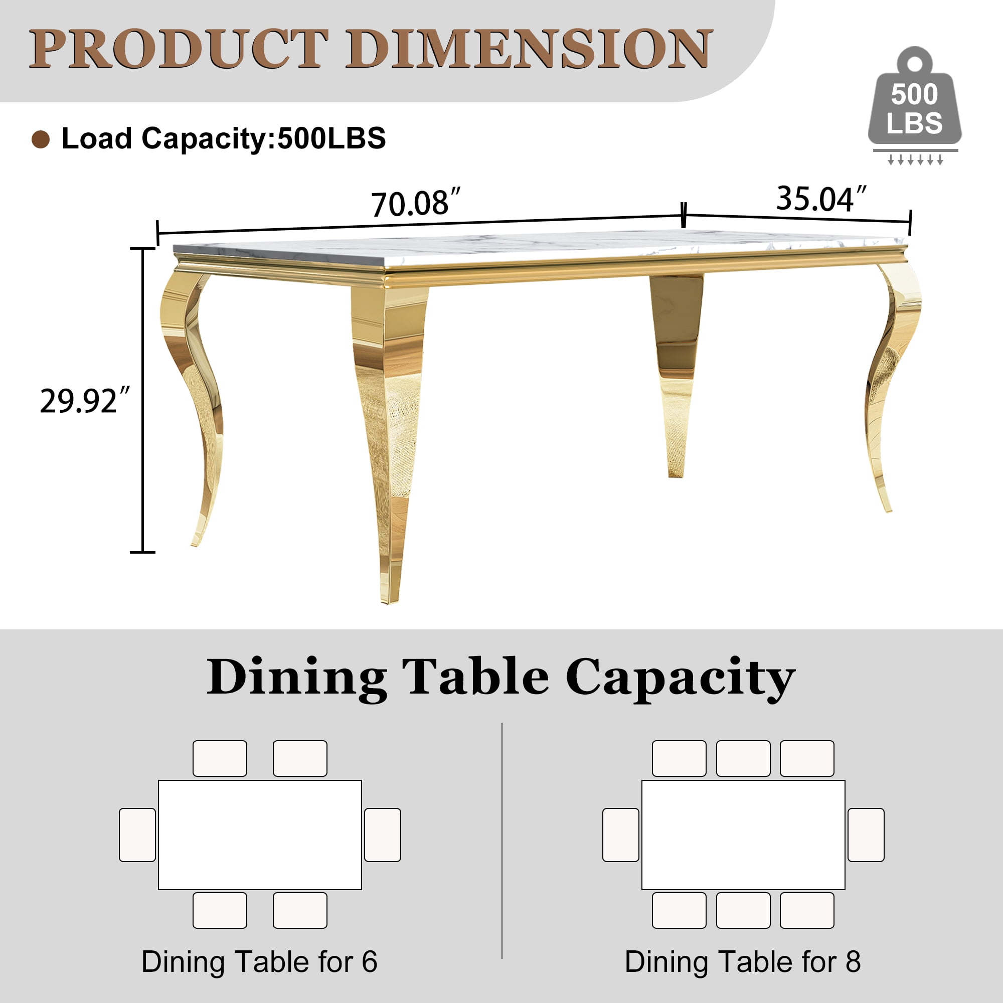Modern Marble Dining Table, 70" Faux Marble Top and Polished Stainless Steel S-Shaped Legs, for Apartment, Living Room, Kitchen