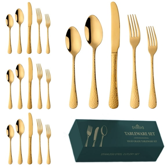20 Piece Hammered Gold Flatware Set for 4, Stainless Steel Silverware Cutlery, Mirror Polish, Dishwasher Safe for Home, Kitchen & Restaurant
