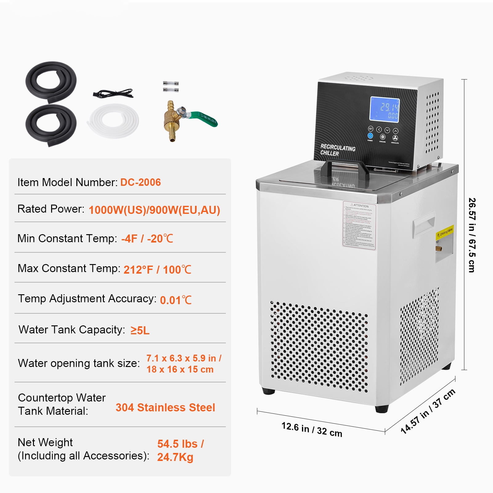 KFFKFF Lab Cooling System, 6L Chiller with Reduced Temperature Liquid, Range from -4°F to 212°F, Chiller with Circulation Pump, LCD Screen, 304 Stainless Steel Recirculating Water Cooling System