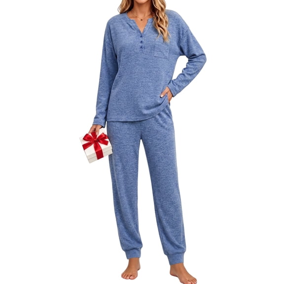 UVN Pajamas Sets for Women Long Sleeve Henley Neck Tops and Pants 2 Piece Outfits Fall Winter Casual Sleepwear Pjs Lounge Sets
