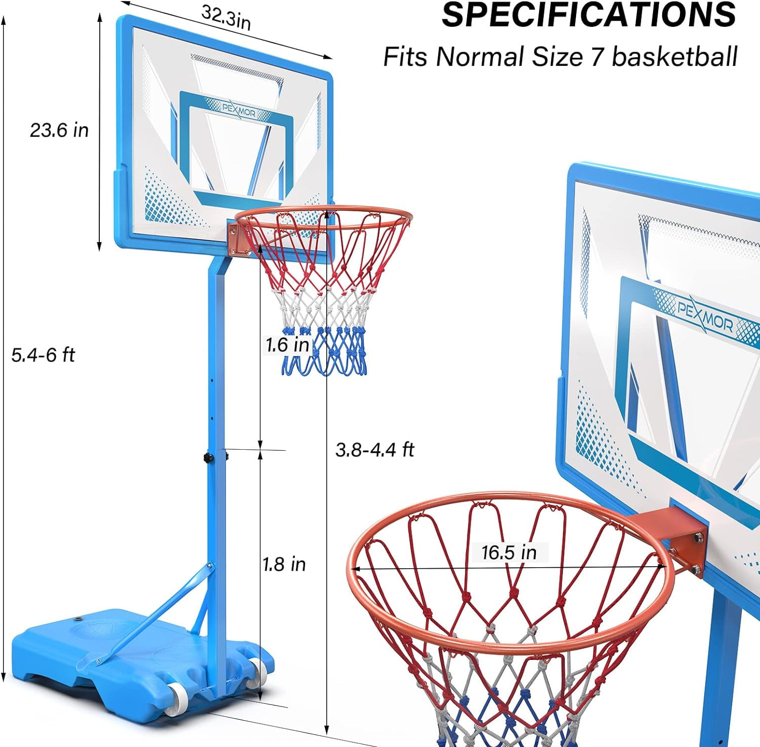PEXMOR Pool Basketball Hoop Poolside, Portable 45-53" Height Adjustable Basketball Goal System for Swimming Pool w/Wheels, Upgraded Water Basketball Backboard Stand for Indoor Outdoor