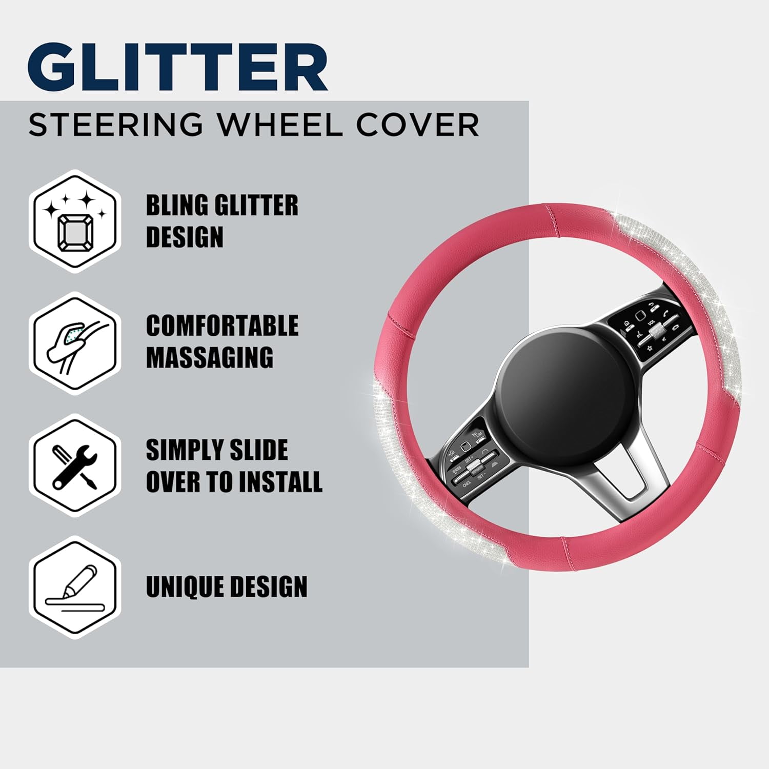 Steering Wheel Cover, Sparkly Crystal Bling Glitter with Hot Pink Leather, Universal Fit 14.5"-15.5" Car Steering Wheels for Girls & Women, Breathable Anti-Slip Steering Wheels Cover
