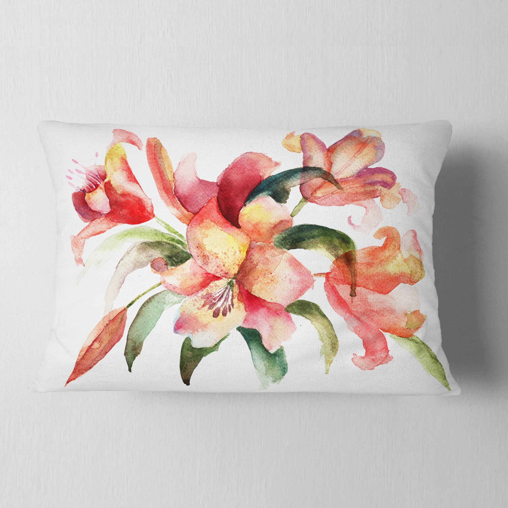 Designart Lily Flowers Watercolor Illustration - Floral Throw Pillow - 12x20