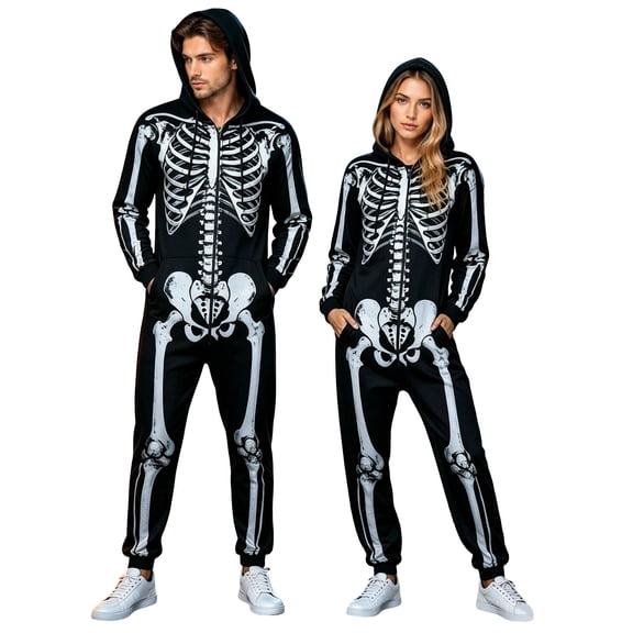 PLHWHYQ Adult Zip Jumpsuit with 3D Skeleton Print, Air Layer Unisex Matching Halloween Outfit for Couples Black XXL