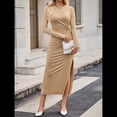 thumbnail image 4 of Vestido Maxi Ajustado para Mujer, Cuello Alto, Abertura Lateral, Larga, Fruncido, Otoño Caqui L, 4 of 10