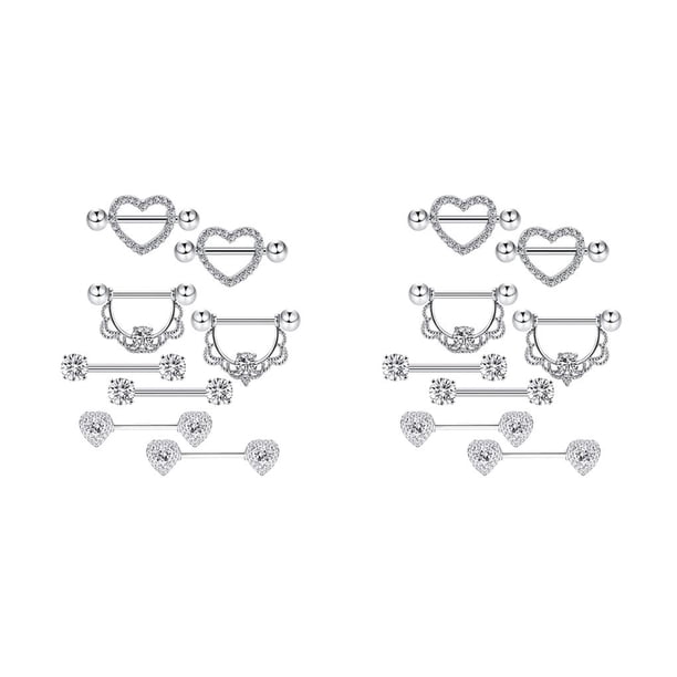Minnieouse 8 piezas de anillos de pezones con barra de acero inoxidable hermosos senos femeninos sexy Stud decoración de senos para niña plata Plata 2piezas