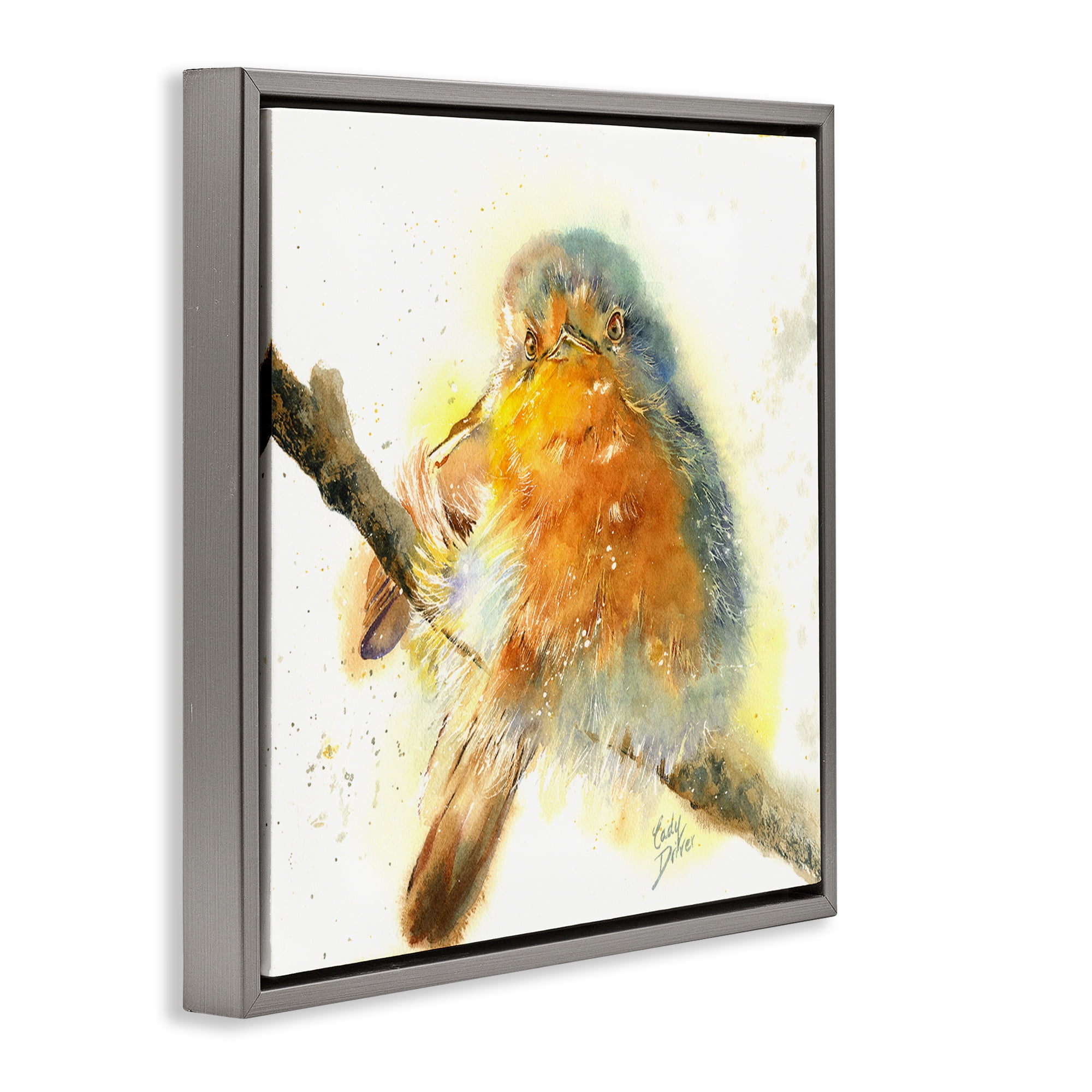 Stupell Industries Seated Songbird Watercolor Gray Framed Floater Canvas Wall Art, design by Cady Driver