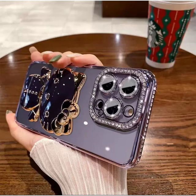 Funda para teléfono móvil con espejo de maquillaje Hello Kitty con purpurina y diamantes para iphone 14 pro max 13 12 11 X con soporte, envío directo