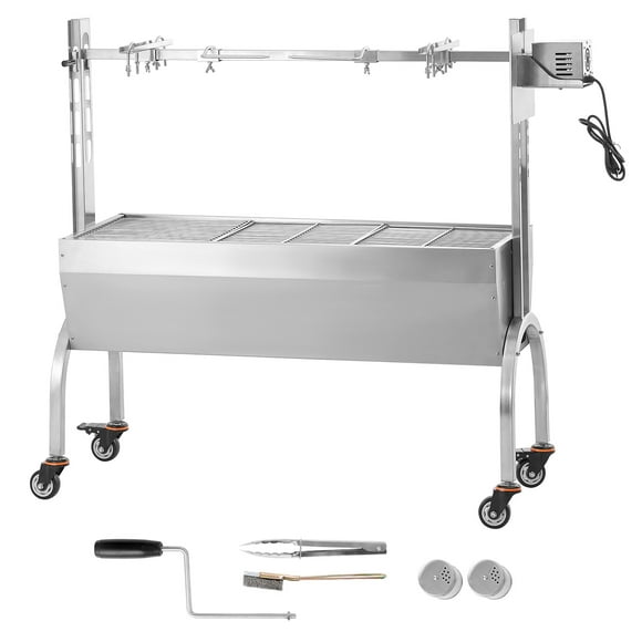 KFFKFF Charcoal Spit Grill for BBQ, Suitable for Whole Pig, Lamb, Goat, 46 Inch, 132 Lbs Load, Includes 52W Electric Motor, Stainless Steel Outdoor Roaster with Wheels that Lock, Ideal for Camping
