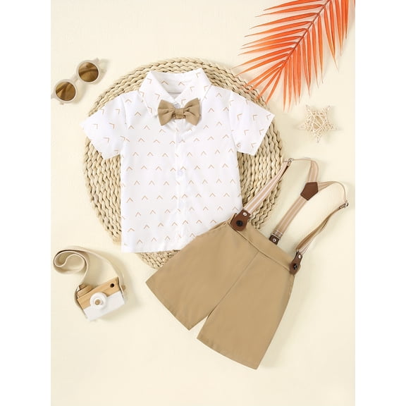 A Three-Piece Set for Baby Boys Featuring a White Short-Sleeve Shirt, Khaki Shorts, And a Complimentary Belt with a Bow Tie, for Outdoor
