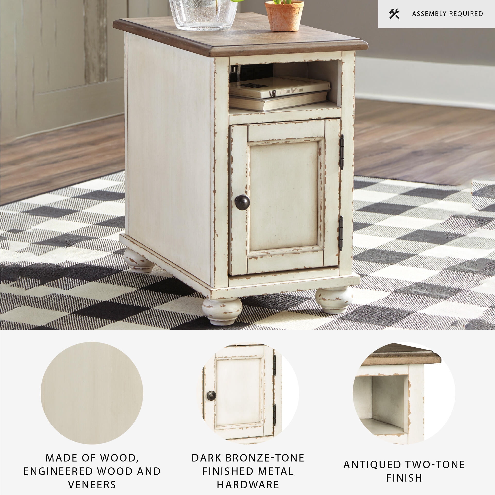 Signature Design by Ashley Realyn Chairside End Table with USB Charging - Farmhouse White/Brown