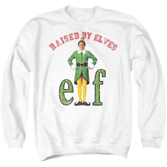 Elf Christmas Raised By Elves Unisex Adult Crewneck Sweatshirt (Medium) White