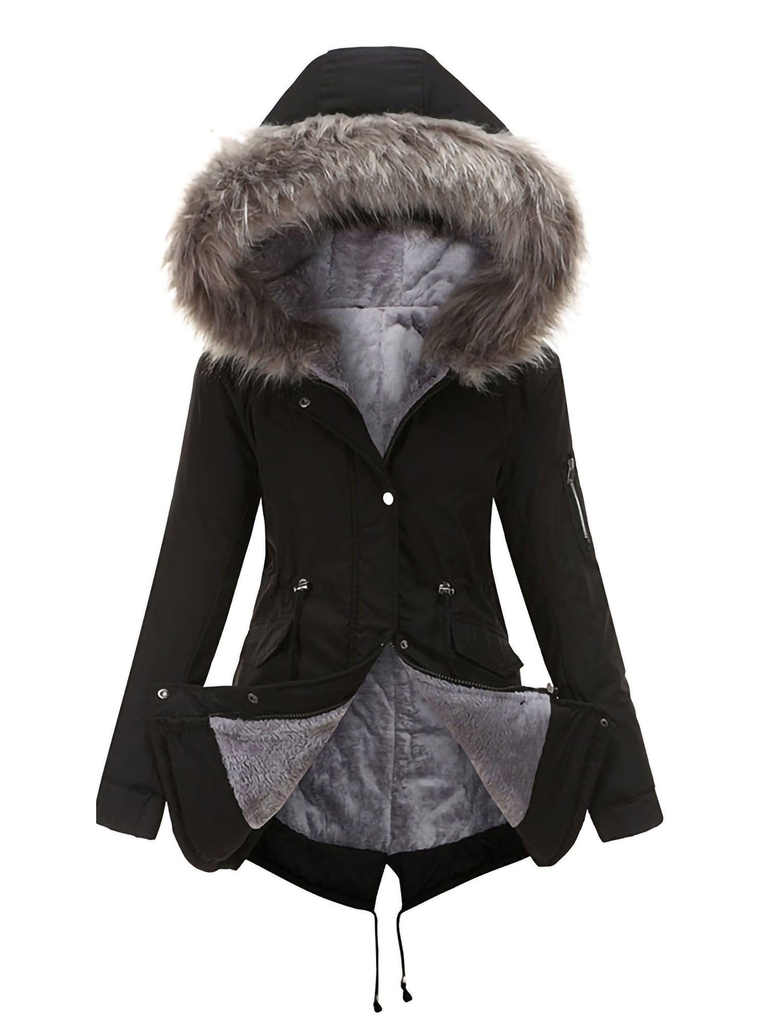 Femme fausse fourrure pour femme veste à capuche hiver chaud manteau de poche neuf tailles 8-16 