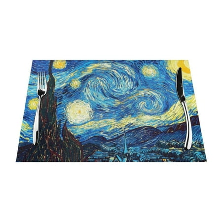 

PUREYAH Table Placemats Set of 6 PCS Washable Heat Resistant Starry Night Vincent Table Decorations Placemats for Dining Room Kitchen