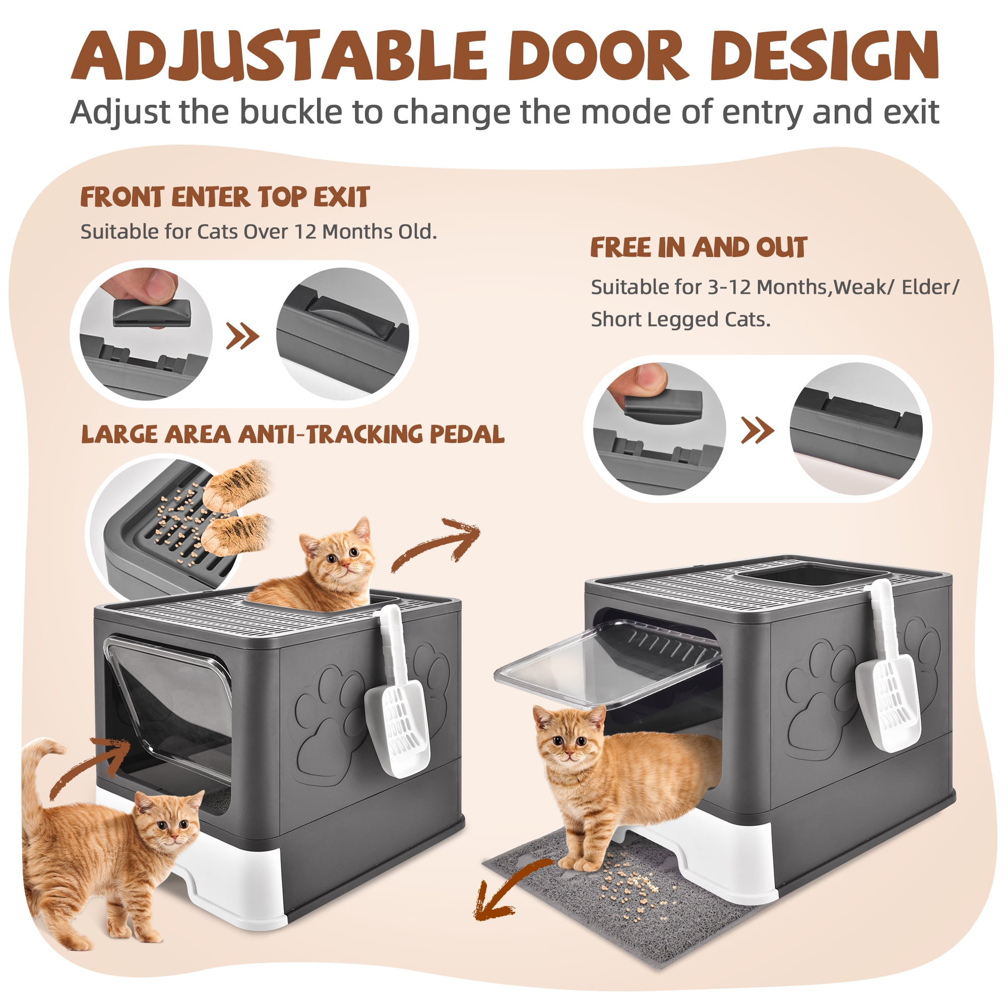 Upgraded Extra Large Cat Litter Box With Scoop, Plastic Standard Enclosed Litter Box, Upgraded Adjustable Door Cat Litter Box With Enlarged Drawer