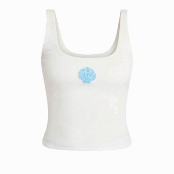Summer Embellished Tank Top,Shell Pattern - White Top,Women‘s Embellished Shells Tank Top Sleeveless With Beaded Details Casual Flowy Summer Top Standard Straps, M