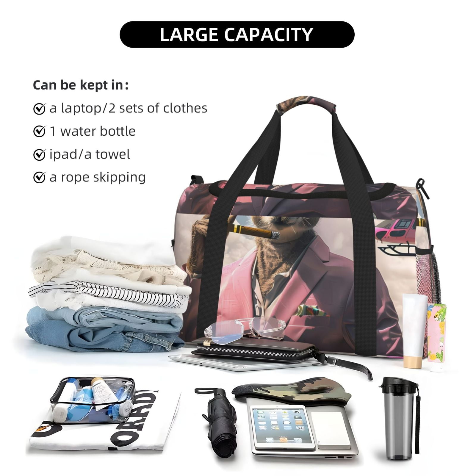 Picia Stylish Kangaroo In Suit Print Travel Duffle Bag,Weekender Bags for Women with Shoe Compartment, Gym Duffel Bag with Wet Pocket, Hospital Bags for Labor and Delivery