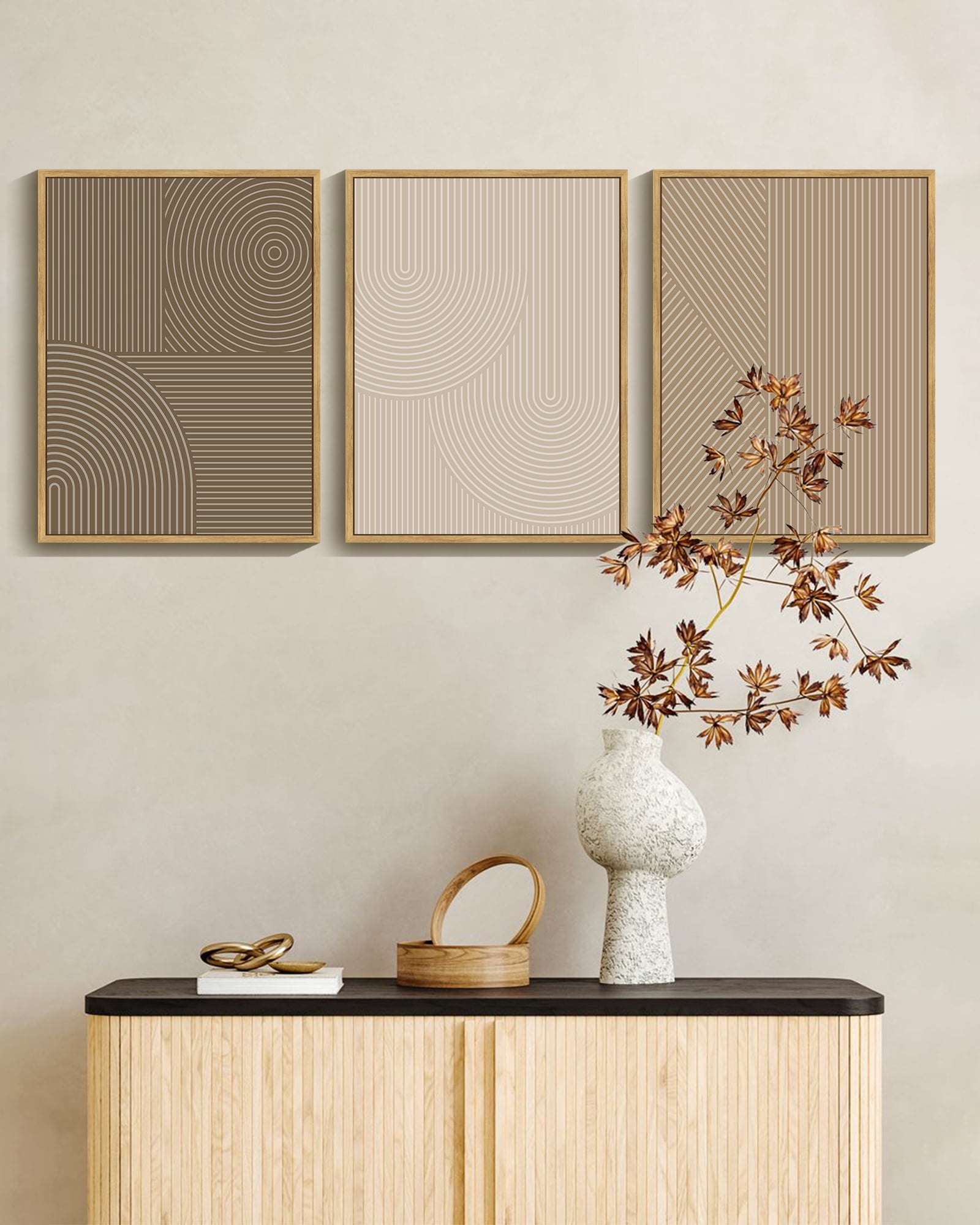 Minimalist Abstract Framed Wall Art 11x14in Natural Framed Modern Boho Neutral Line Wall Decor Geometric Artwork Kitchen Dining Room