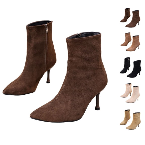 Womens Chic Ankle Booties Pointed Toe Stiletto Heel Shoes Side Zip Faux Suede Fashion Short Party Evening Date Night Office Daily Wear Boots