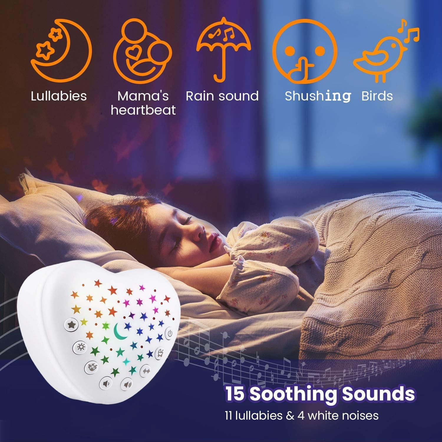 Sound Machine for Babies, Adults & Kids | 15 Soothing Sounds Featuring White Noise & 9 Lullabies, Cry Sensor, Star Projector | Mini, Recharable, Travel Friendly
