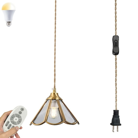FSLiving Remote Control Hanging Swag Lamp Pendant Light with 15ft Plug-in UL Cord Brass Finished Tiffany Macaron Clear Cone Glass Lamp Nordic Industrial Dimmable Chandelier for Kitchen - 1 Pack