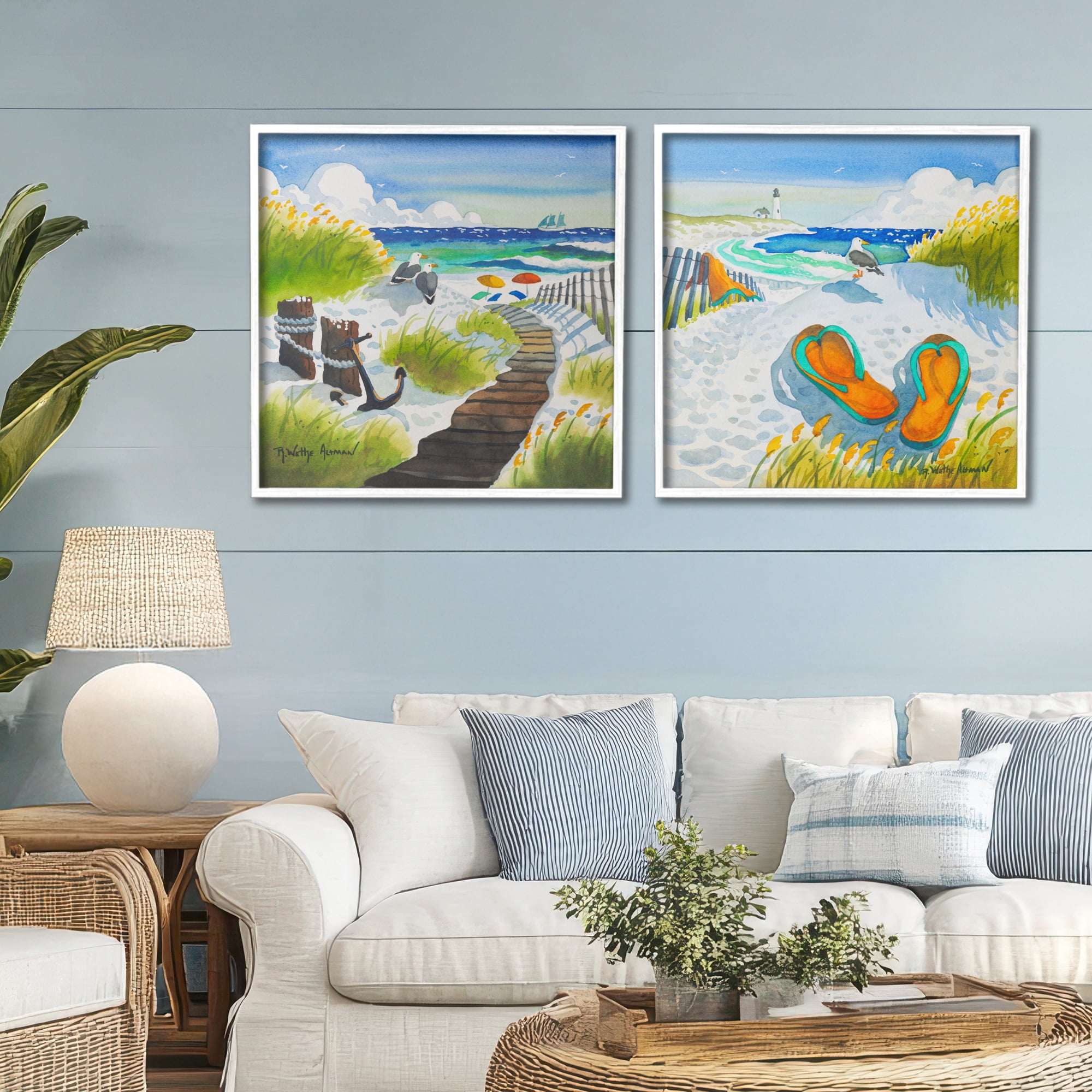 Stupell Industries Boardwalk Through Beach Scenery 2 Piece White Framed Giclee Art Set, design by Robin Altman