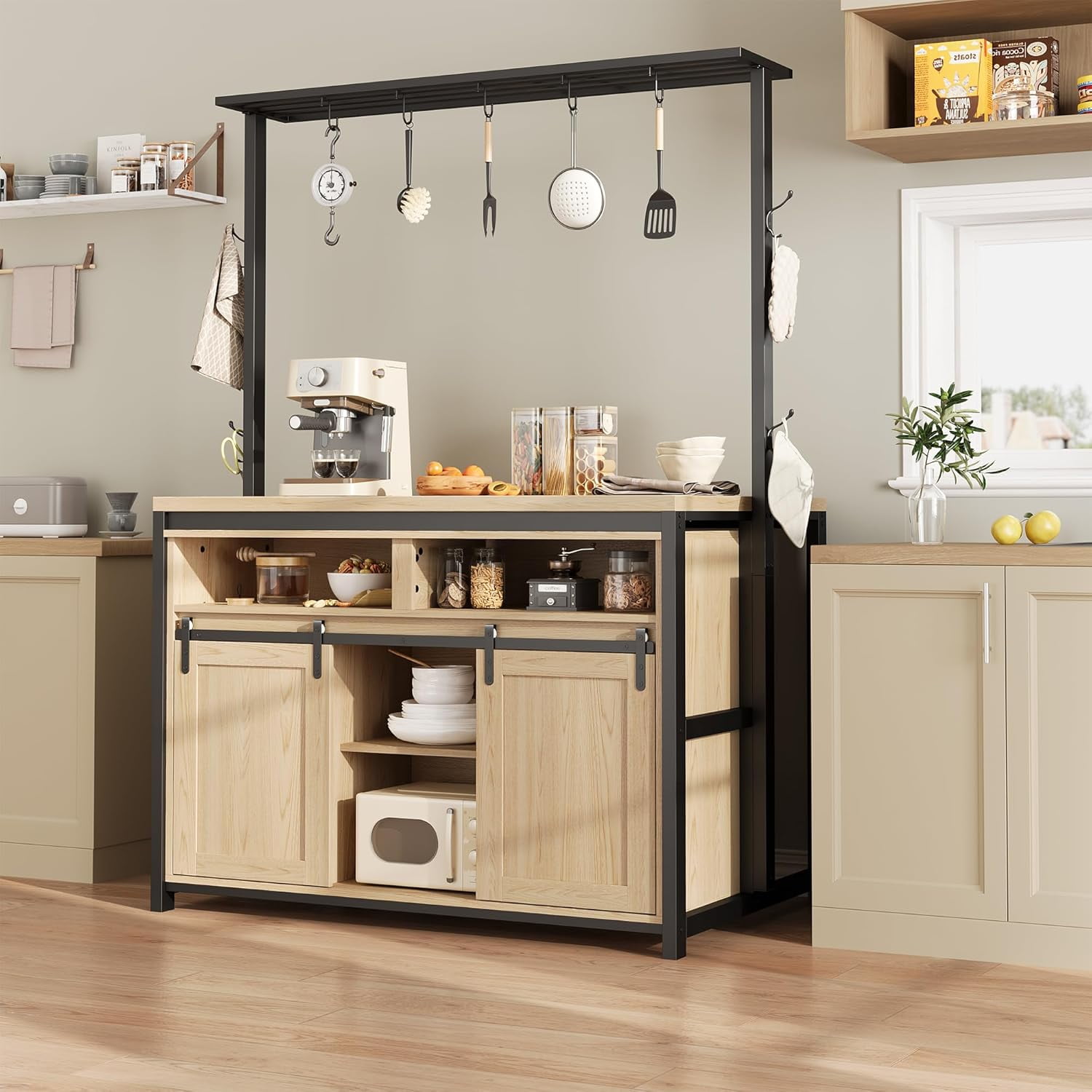 Luku 42" Kitchen Island Storage with Sliding Barn Door, Table Island Kitchen Cabinet with 2 Side Hooks, 3-Tier Shelves, Multi-Functional Dining Storage for Living Room