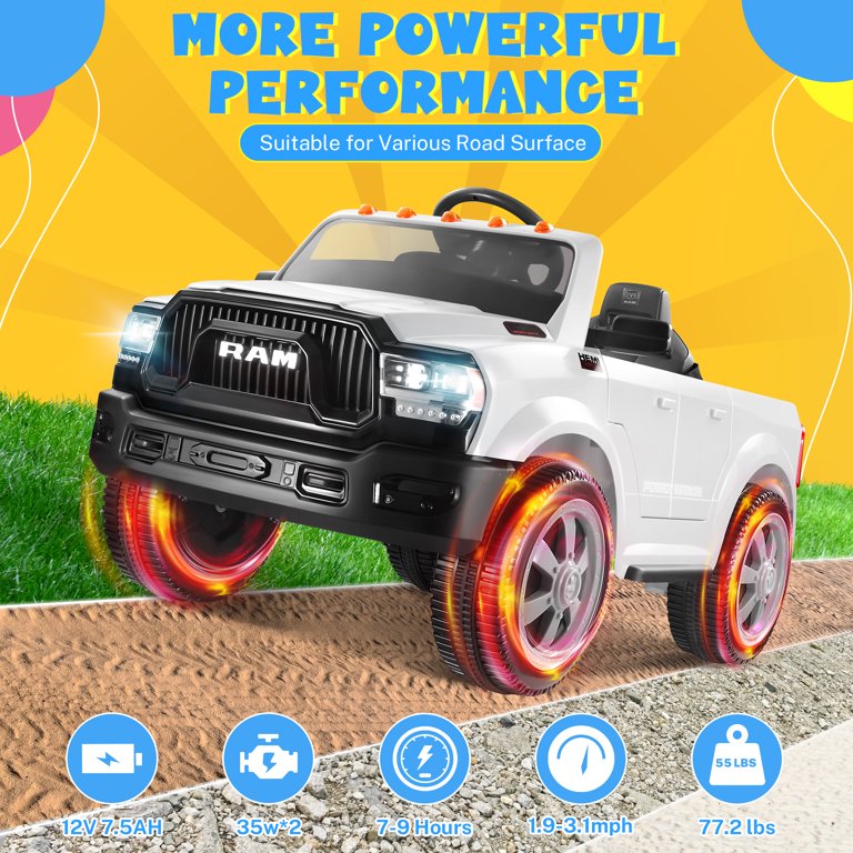 Dodge Ram 12V Kids Ride On Truck, Electric Pickup with Remote 
