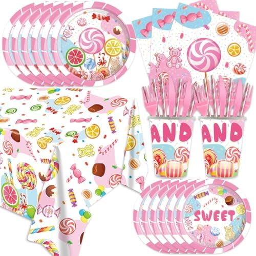 141Pcs Candy Land Party Decoration Pink Sweet Baby Shower Decor Candyland Birthday Plates Napkins Cups Straws Cutlery Tablecloth Set Supplies for Girl Candyland Party Decorations