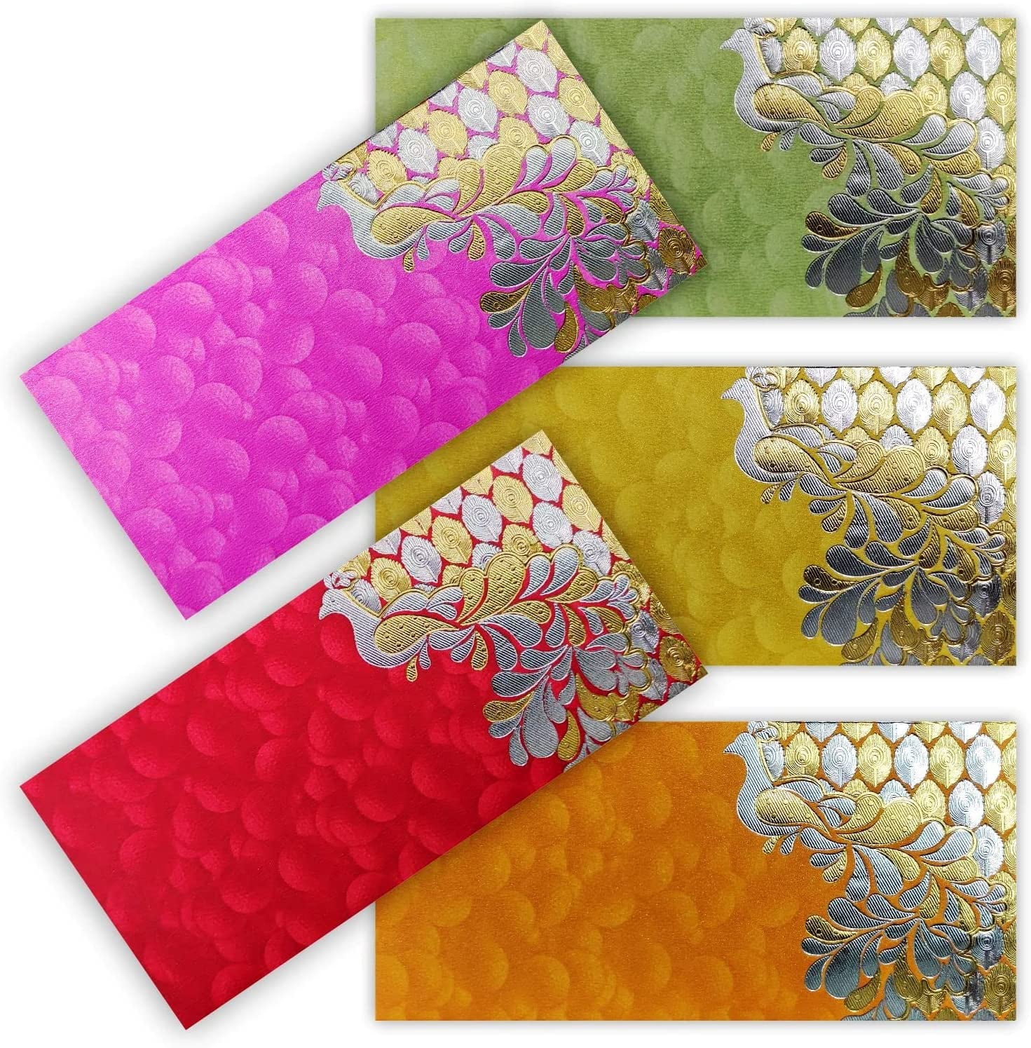 PARTH IMPEX Shagun Gift Envelope for Cash (Pack of 50) 7.5" x 3.5" Peacock Feather Gold Silver Foil Stamping Assorted Color Money Holder Card for Christmas Diwali Birthday Wedding Graduation