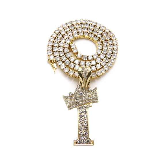 iJewelry2 Kings and Queens Crowned Initial Letter I Pendant Gold-tone CZ Tennis Chain Necklace 18''