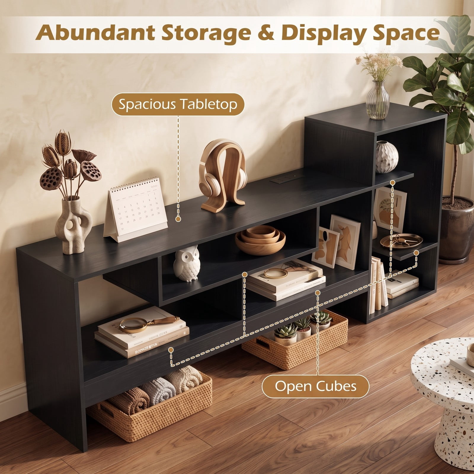 Furnibear Cube TV Stand for 55 Inch TV with Power Outlets, USB and Type-C Ports, Open Cube Storage Shelves, Entertainment Center Media Console for Living Room, Black