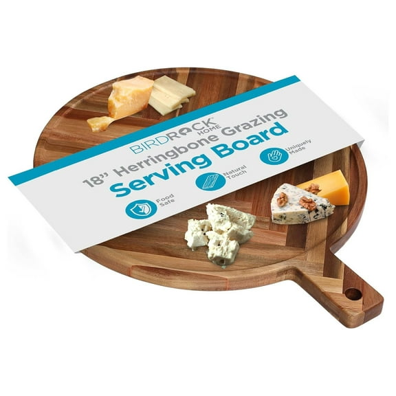 18" Herringbone Grazing Board - Wooden Cheese Board with Handle, Charcuterie Platter for Appetizers, Kitchen Serving Board Natural