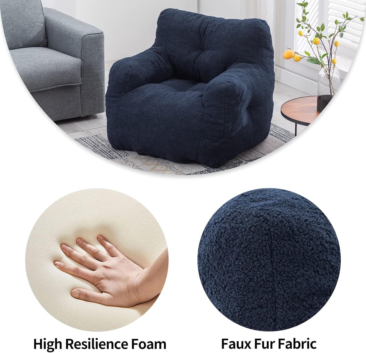 DreamBuck Bean Bag Chairs, Soft Tufted Foam Bean Bag Chair with Teddy Fabric for Adults and Kids, Comfy Lazy Sofa for Living Room, Bedroom, Big Bean Bag Chair for Gaming, Reading, Dark Blue